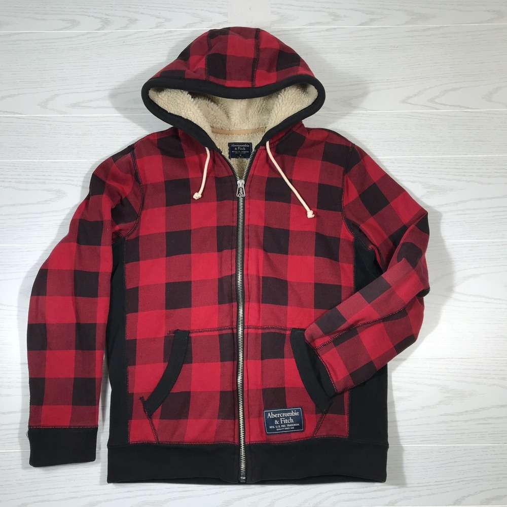 Abercrombie & Fitch Sherpa Lined Plaid Jacket Men M Red Black Full Zip Hooded